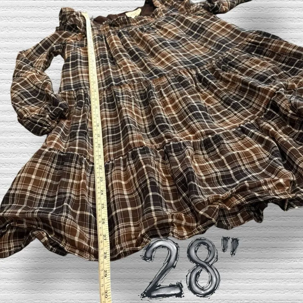 Hayden Girl Med Brown Plaid Smocked Long Sleeve Dress